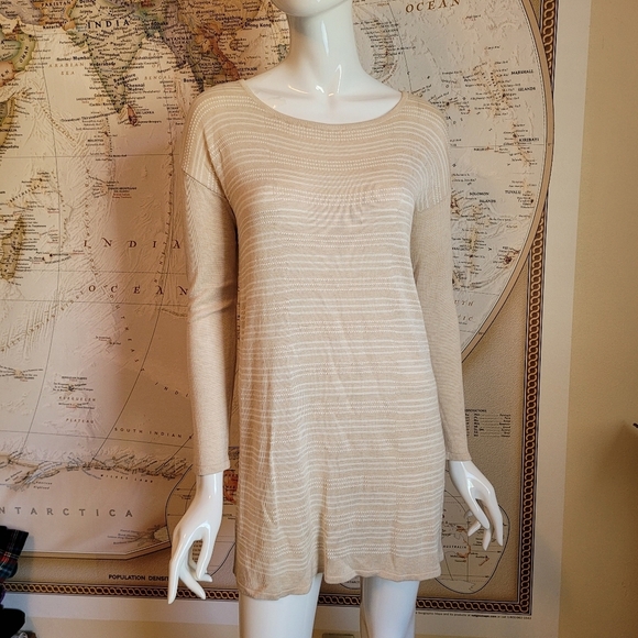Tan white stripe long sleeve tunic lightweight sweater scoop neck nautical NWT S - Picture 1 of 9